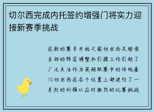 切尔西完成内托签约增强门将实力迎接新赛季挑战